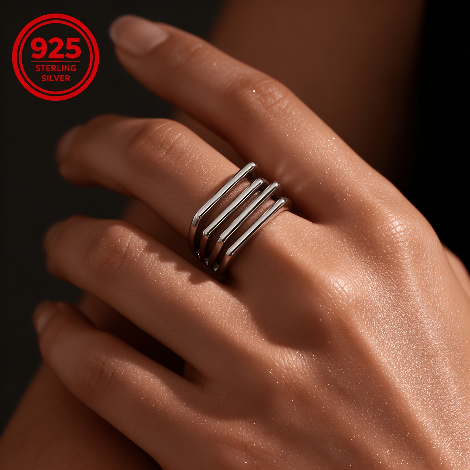 Women's 925 Silver Geometric Line Multi-Layer Statement Ring